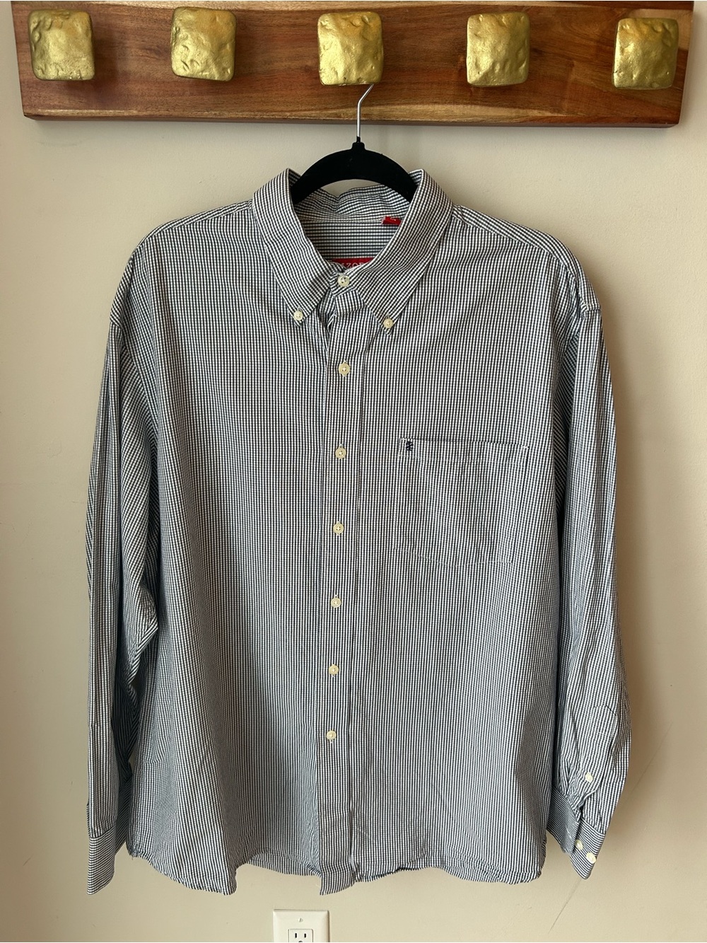 IZOD Blue Gingham Button Down Shirt Men’s Large Preppy Office Cotton Size Large